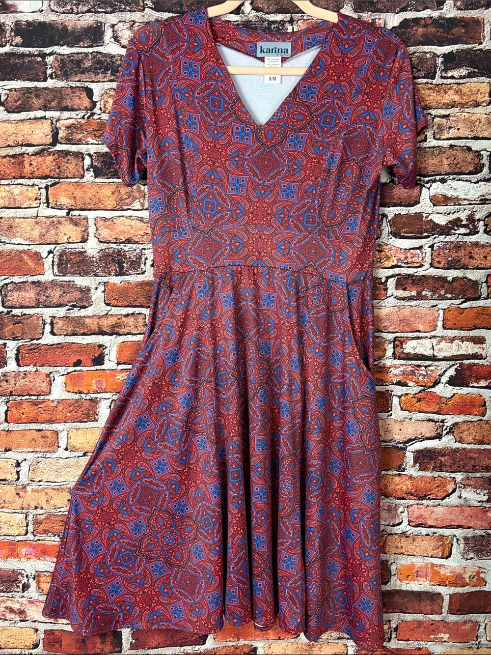 karina Red and Blue Paisley Midi Dress with pockets Size Small/Medium